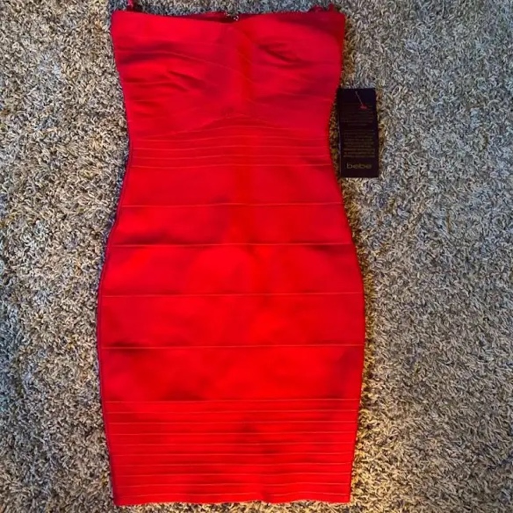 Bebe Vibrant Red Strapless Bandage Dress